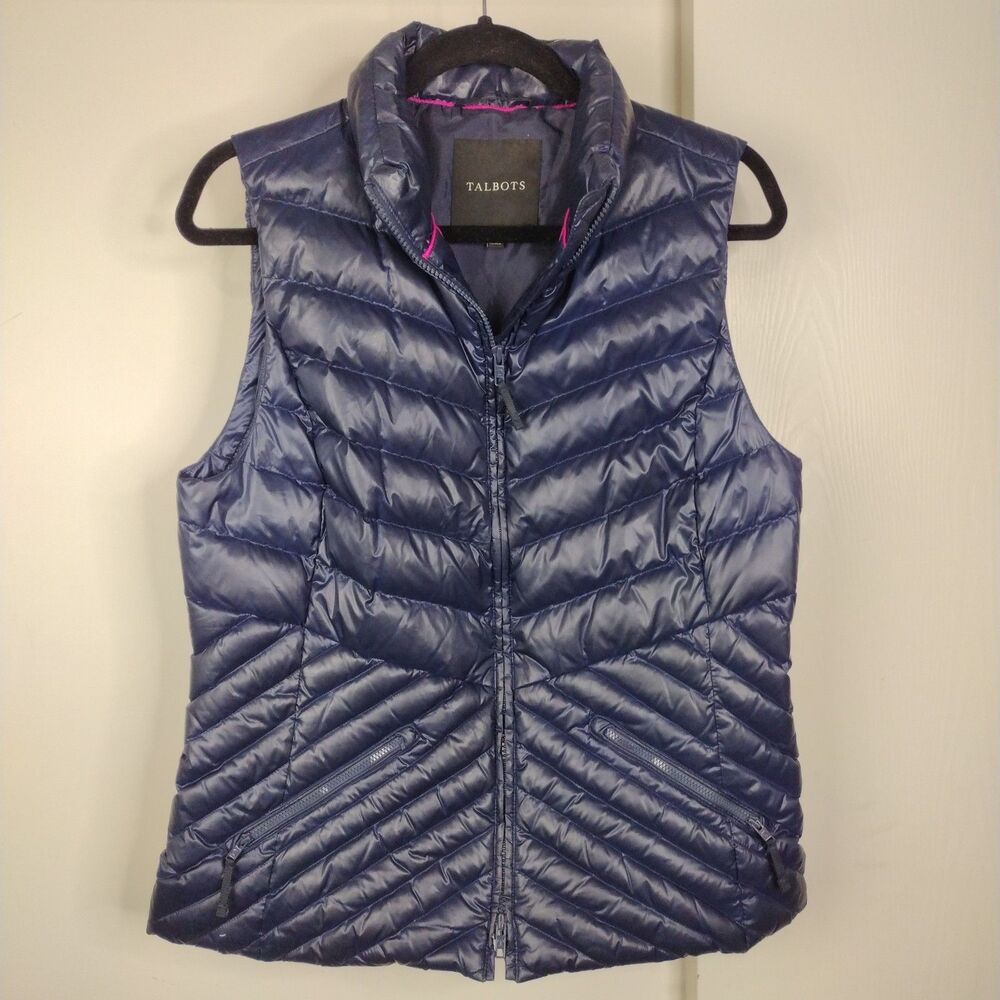 Talbots Down Filled Puffer Vest Women's Size M Navy Blue Full Zip Front Pockets
